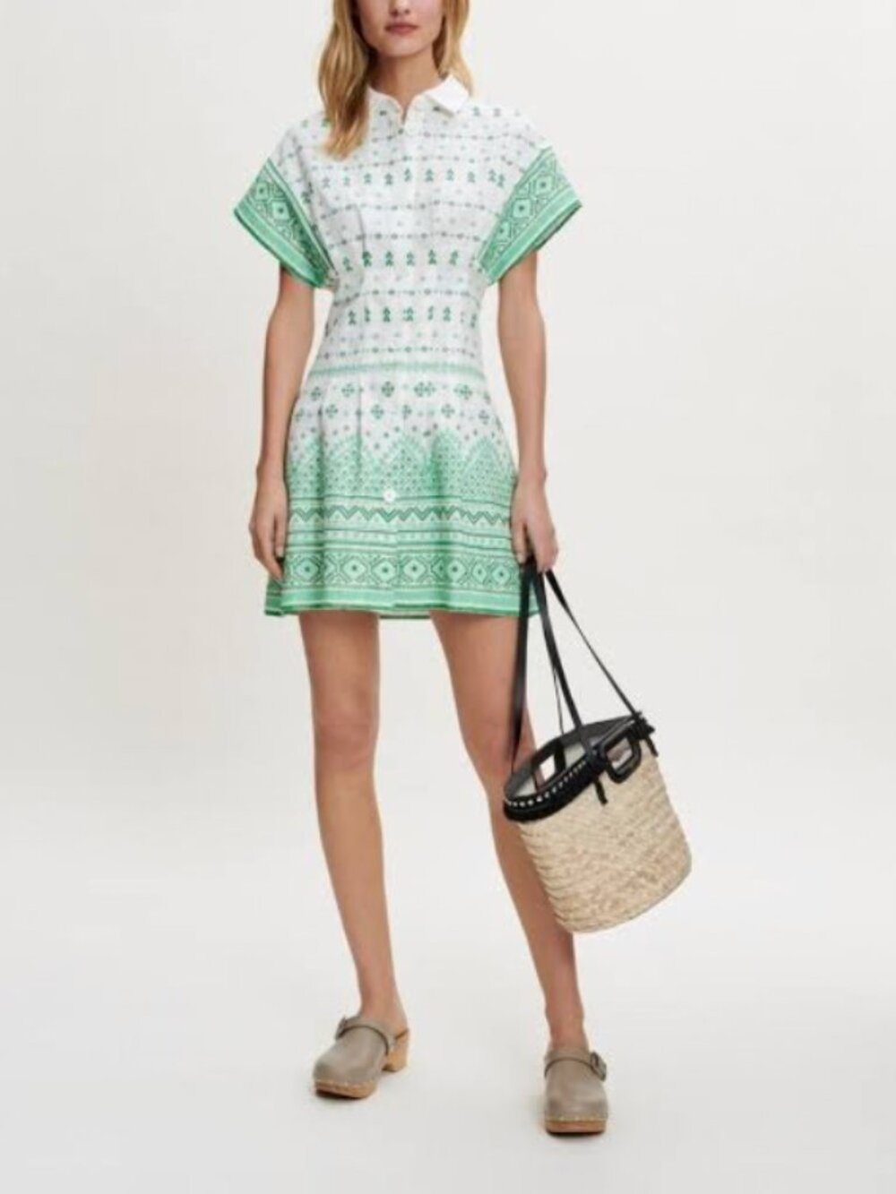 Maje Green & White Embroidered Short-Sleeve Shirt Dress